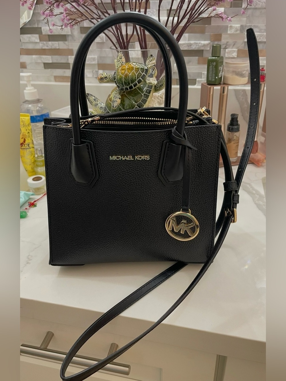 Michael Kors Black Leather Mini Satchel with Gold Logo Charm